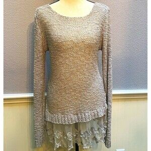 KATE Collection USA Open Knit Lace Trim Tunic Sweater Top Sz ML Cottagecore Boho